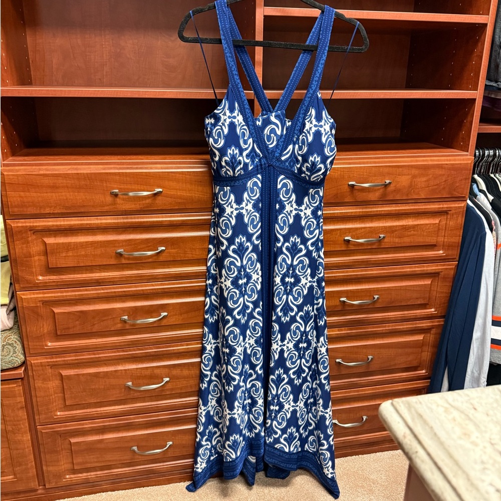 Like New INC Blue & White Halter Maxi Dress